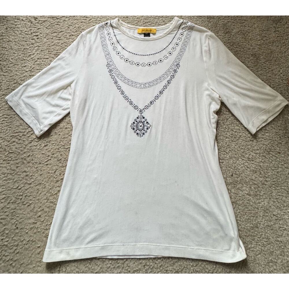 St John White Embellished Top Womens Large 3/4 Sleeve Jewel Chain Shirt